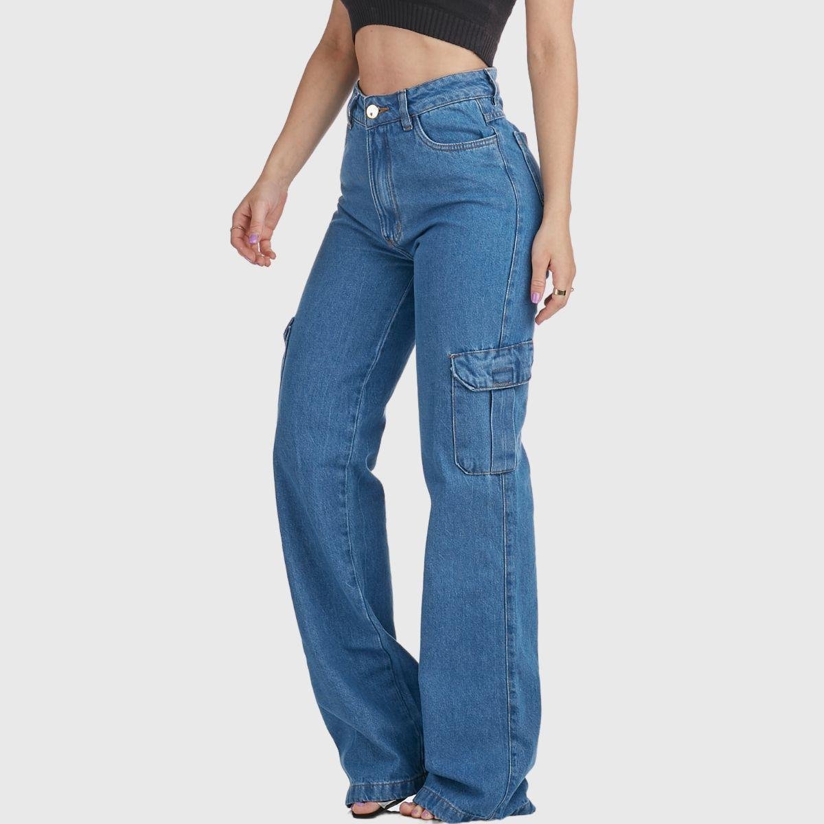 Calça Jeans HNO Jeans Wide Leg Cargo Bolso Lateral Azul Menor preço em Calça Jeans HNO Jeans Wide Leg Cargo Bolso Lateral Azul