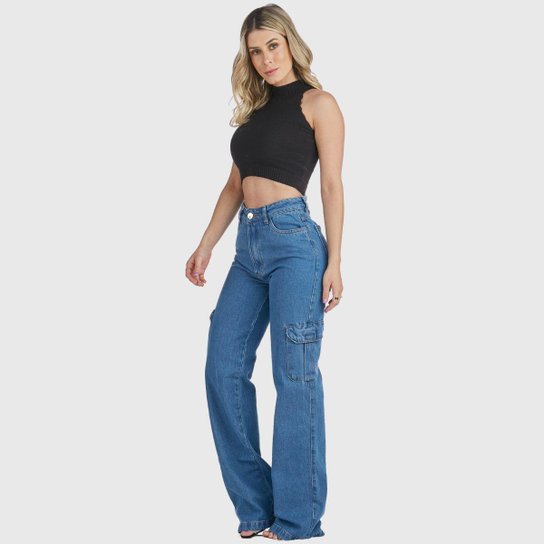 Calça Jeans HNO Jeans Wide Leg Cargo Bolso Lateral Azul