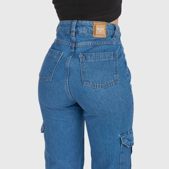 Calça Jeans HNO Jeans Wide Leg Cargo Bolso Lateral Azul