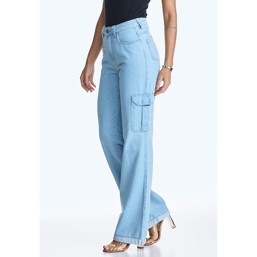Calça Jeans HNO Wide Leg Cargo Bolso Lateral Azul Claro