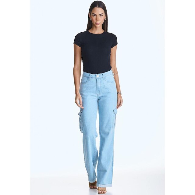 Calça Jeans HNO Wide Leg Cargo Bolso Lateral Azul Claro