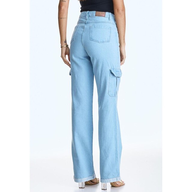 Calça Jeans HNO Wide Leg Cargo Bolso Lateral Azul Claro