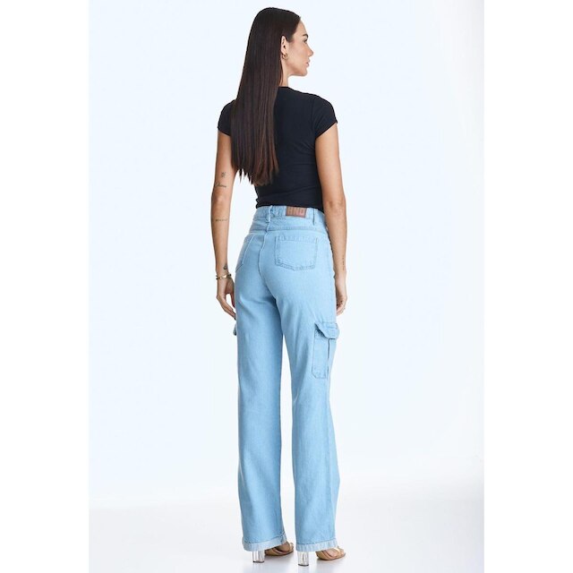 Calça Jeans HNO Wide Leg Cargo Bolso Lateral Azul Claro