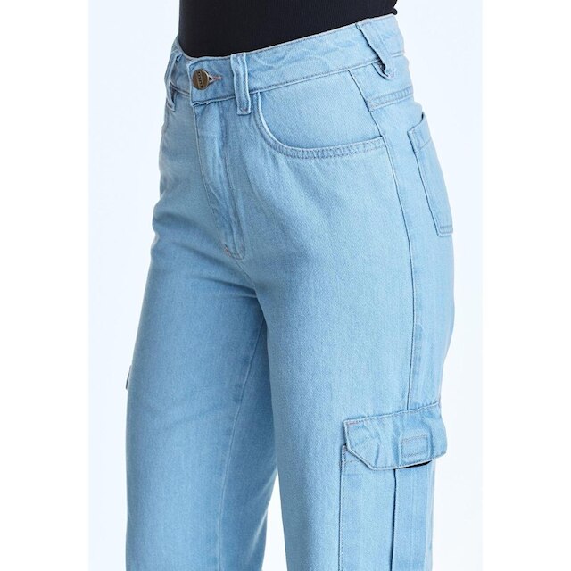 Calça Jeans HNO Wide Leg Cargo Bolso Lateral Azul Claro