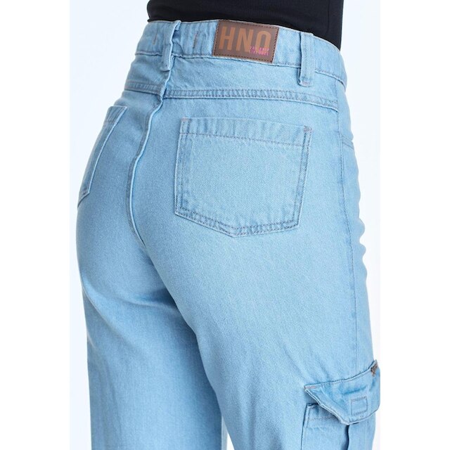 Calça Jeans HNO Wide Leg Cargo Bolso Lateral Azul Claro