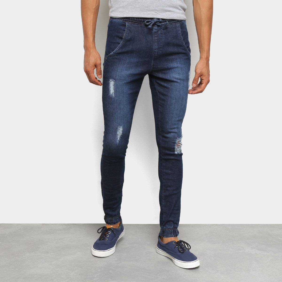 Calça Jeans Jogger Ecxo Puídos Masculina - Azul Escuro Menor preço em Calça Jeans Jogger Ecxo Puídos Masculina - Azul Escuro
