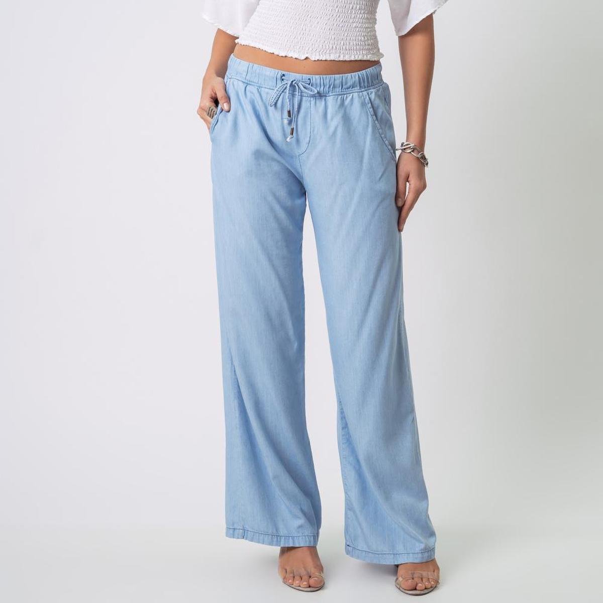 Calça Jeans Leve Pantalona Wide Liocel Elástico na Cintura Colors