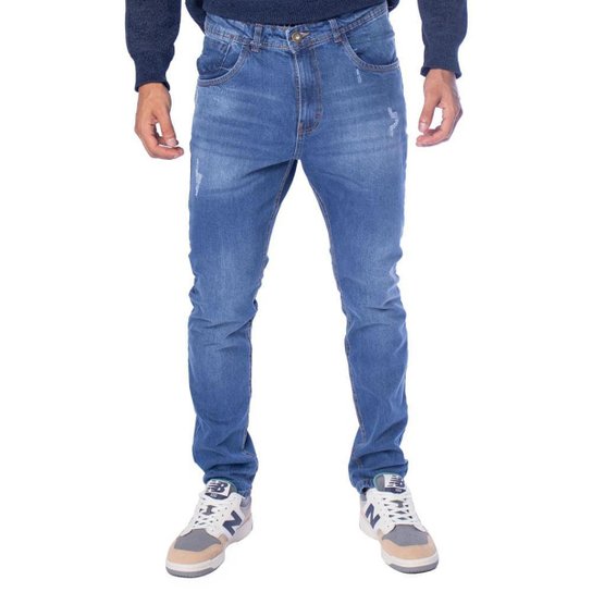 Calça Jeans Masculina Karma&Co Reta Puídos Azul Médio