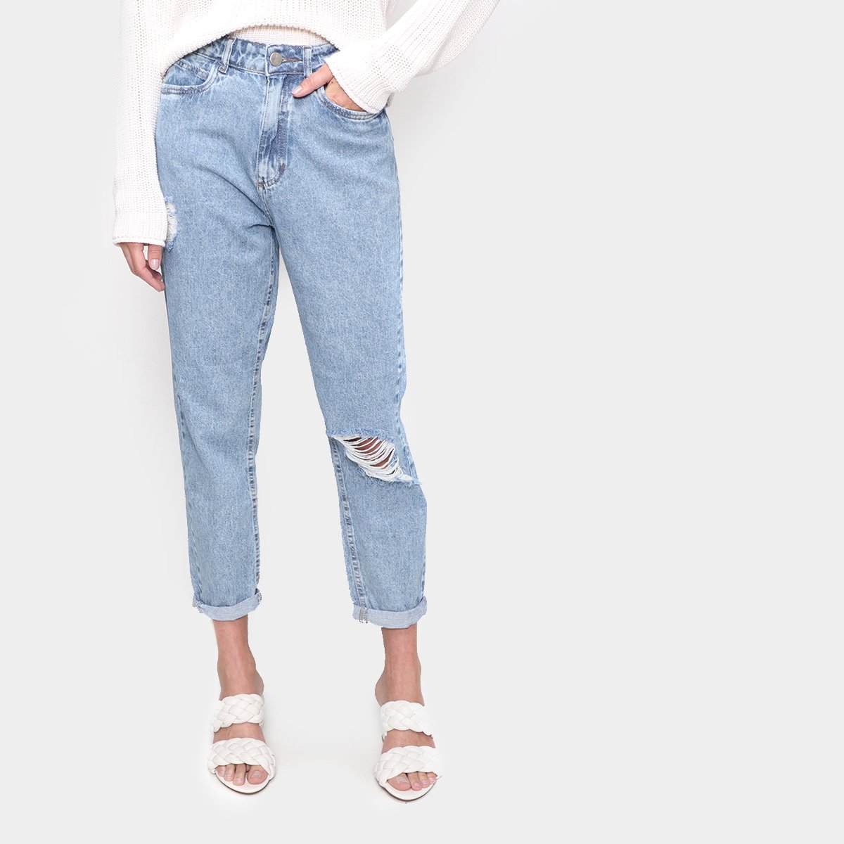 Calça Jeans Mom Dzarm Cintura Alta Feminina - Azul Menor preço em Calça Jeans Mom Dzarm Cintura Alta Feminina - Azul