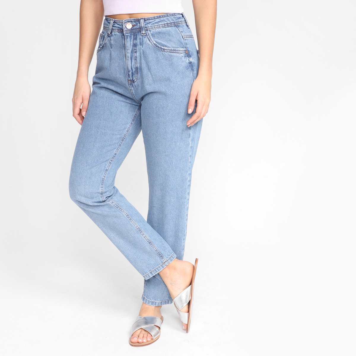 Calça Jeans Mom Dzarm Lisa Cintura Alta Feminina - Azul Menor preço em Calça Jeans Mom Dzarm Lisa Cintura Alta Feminina - Azul