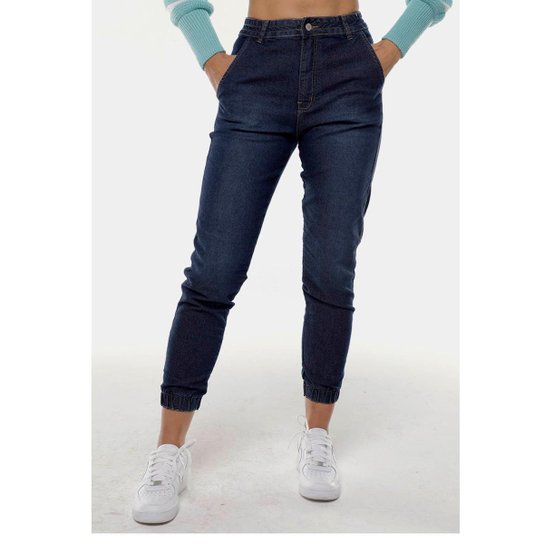 Calça Jeans Mom Jogger Sob Com Elastano Feminina - Azul Escuro