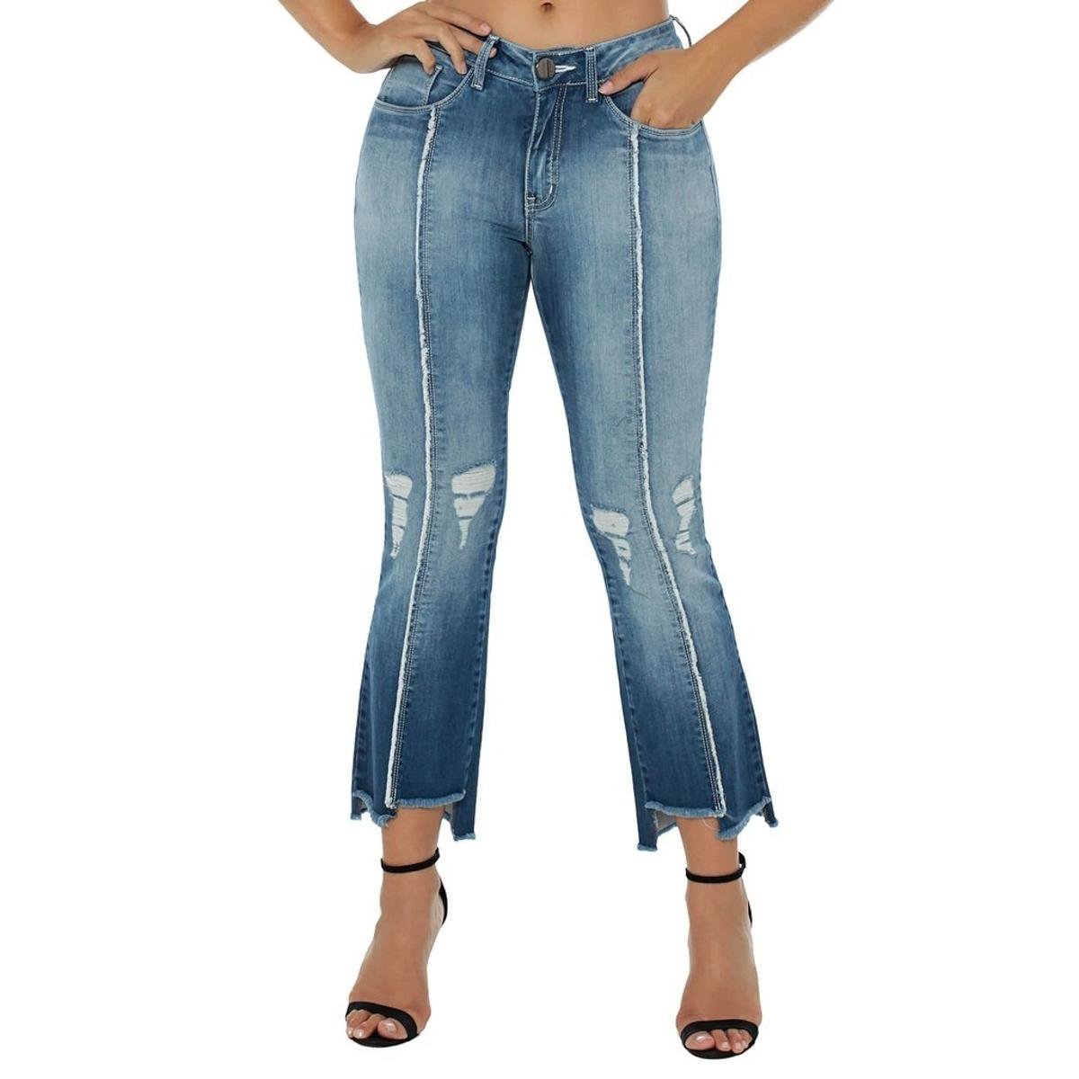 calça jeans cropped flare feminina