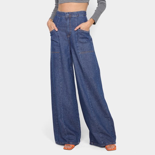 Calça Jeans Pantalona Ecxo Lisa Cintura Alta Feminina - Marinho