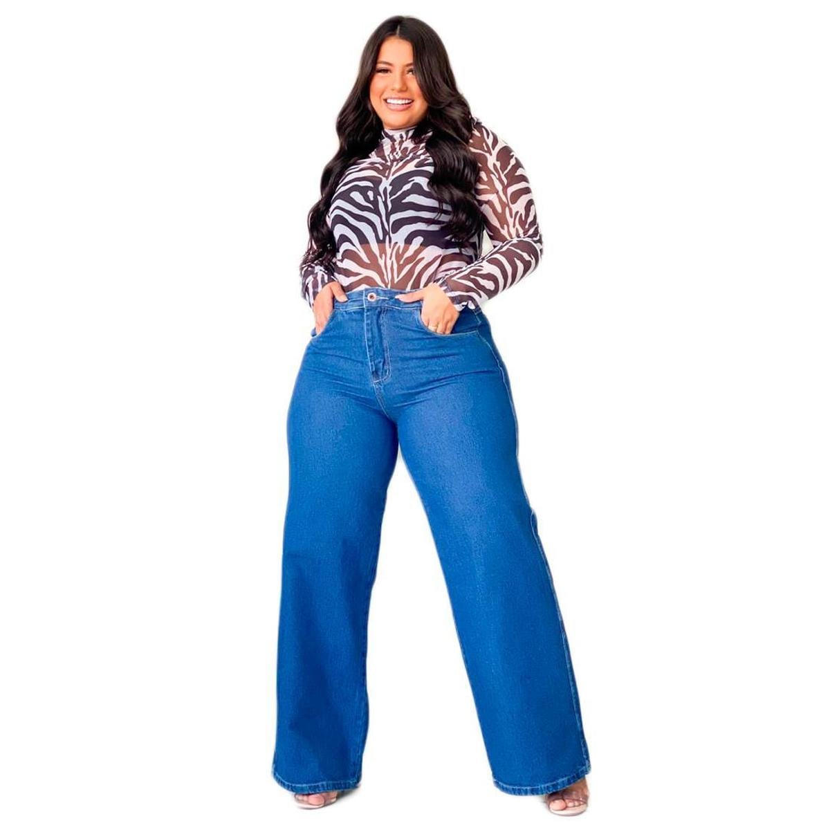 Calça Jeans Plus Size Wide Leg Lisa Basica Barra Feita - Azul Menor preço em Calça Jeans Plus Size Wide Leg Lisa Basica Barra Feita - Azul