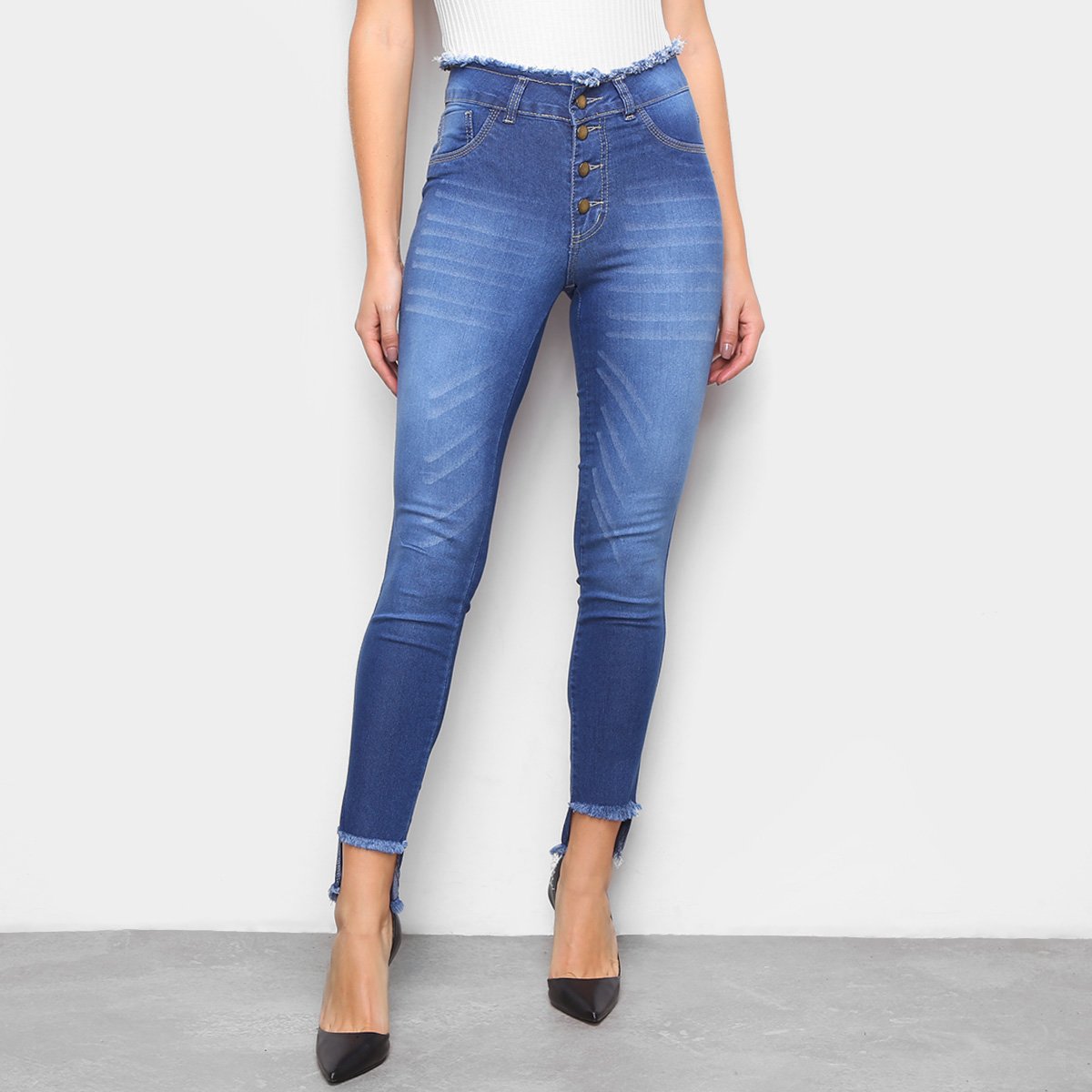 Calça Jeans Puídos Barra Desfiada Feminina - Azul | Zattini