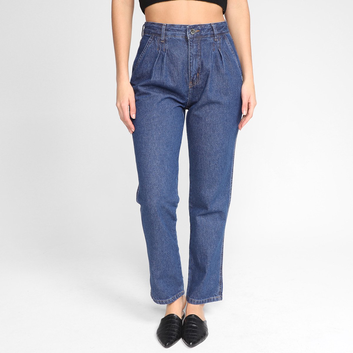 Calça Jeans Reta Dzarm Lisa Cintura Alta Feminina - Marinho Menor preço em Calça Jeans Reta Dzarm Lisa Cintura Alta Feminina - Marinho