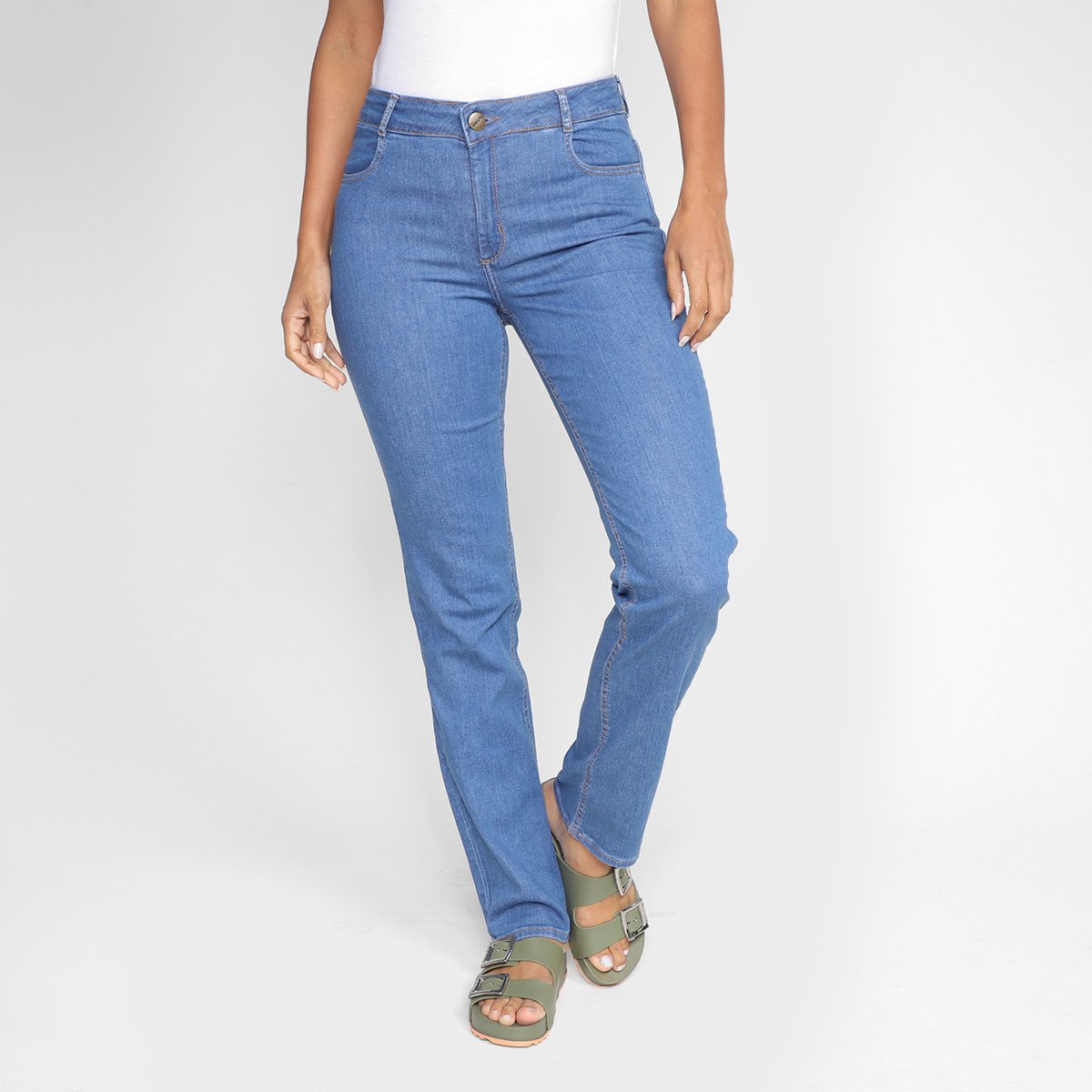 Calça Jeans Reta Hering Cintura Alta Feminina - Azul Menor preço em Calça Jeans Reta Hering Cintura Alta Feminina - Azul