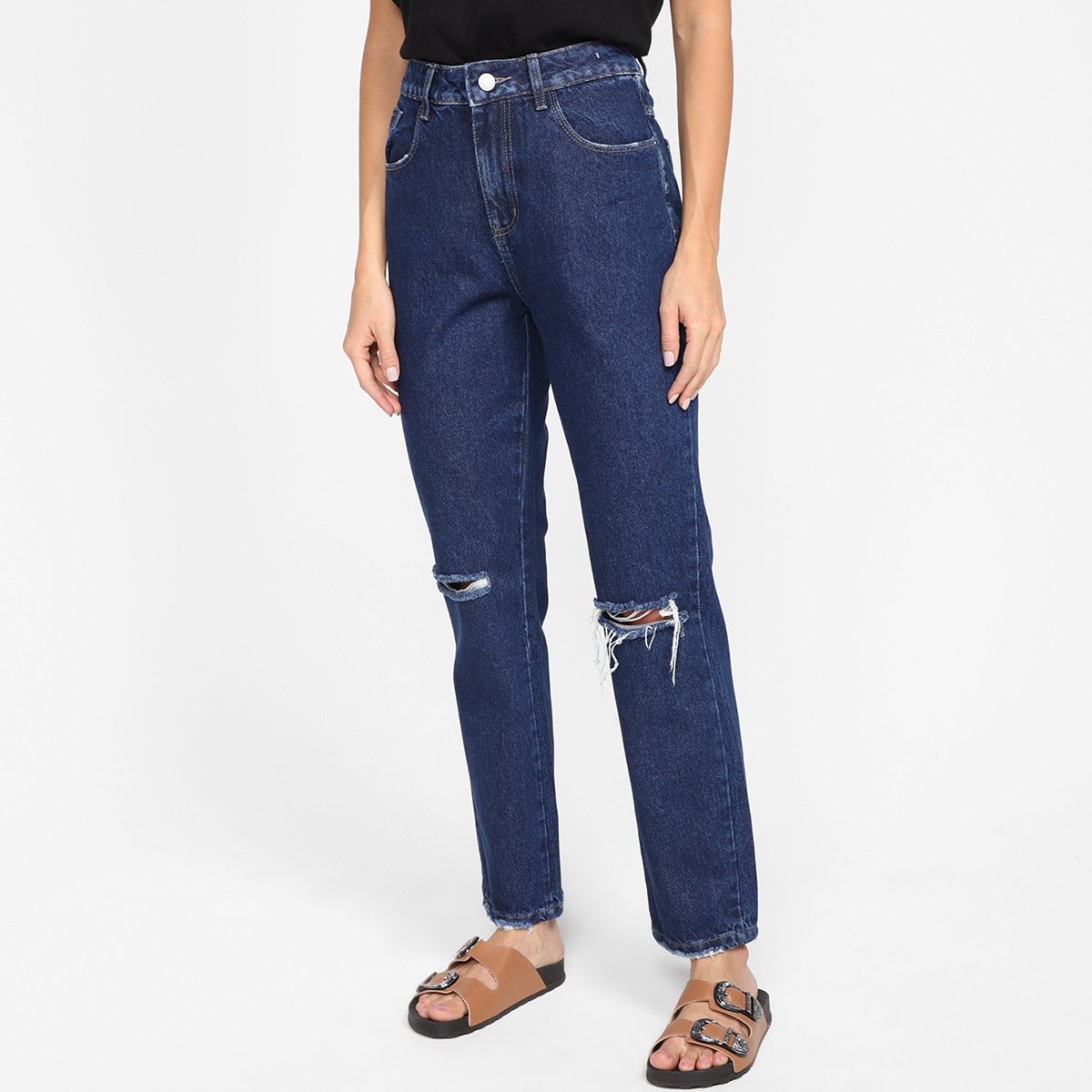 Calça Jeans Reta Sawary Rasgos Joelho Feminina - Azul Menor preço em Calça Jeans Reta Sawary Rasgos Joelho Feminina - Azul