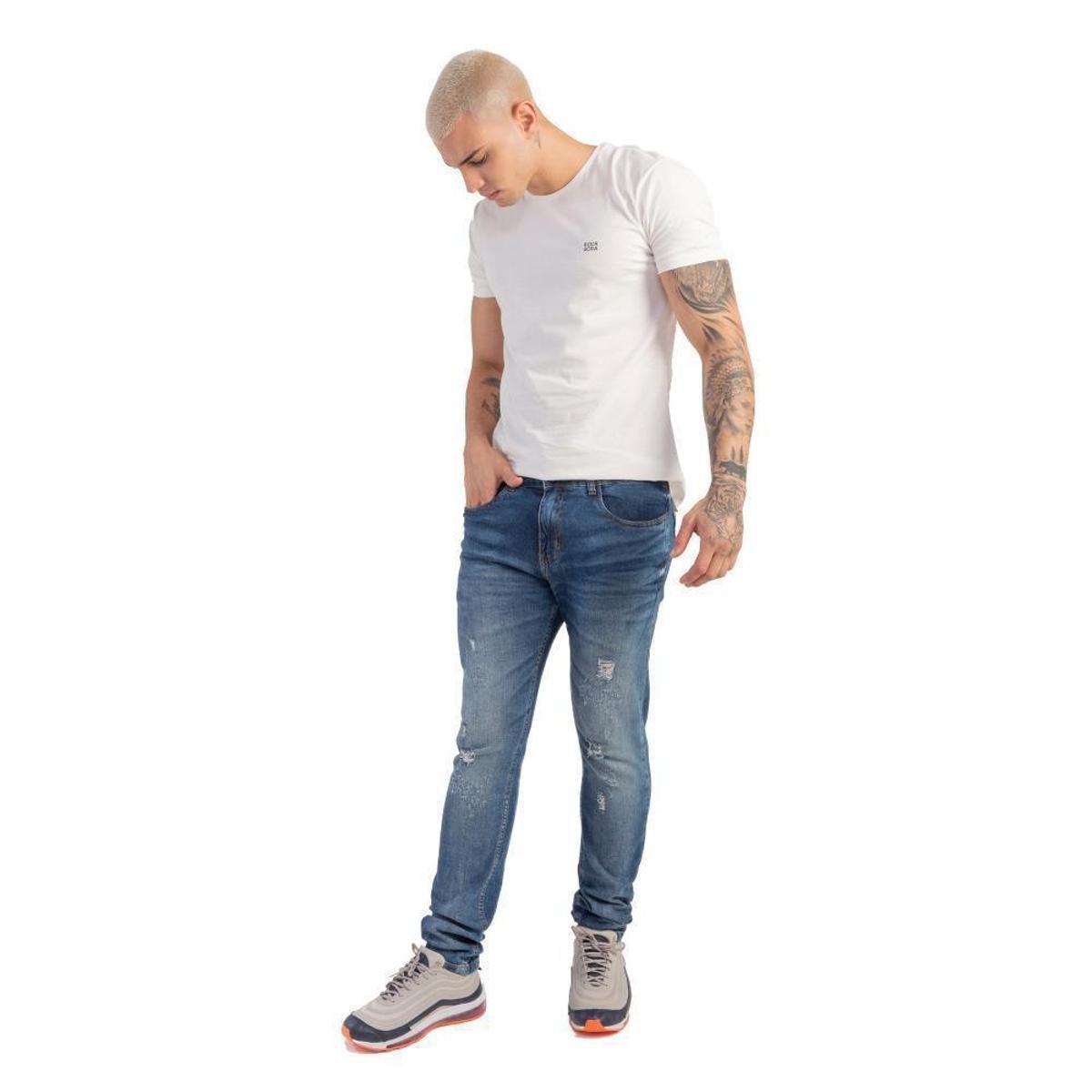 Calça Jeans Rock & Soda Skinny Destroyed Masculina - Azul Menor preço em Calça Jeans Rock & Soda Skinny Destroyed Masculina - Azul
