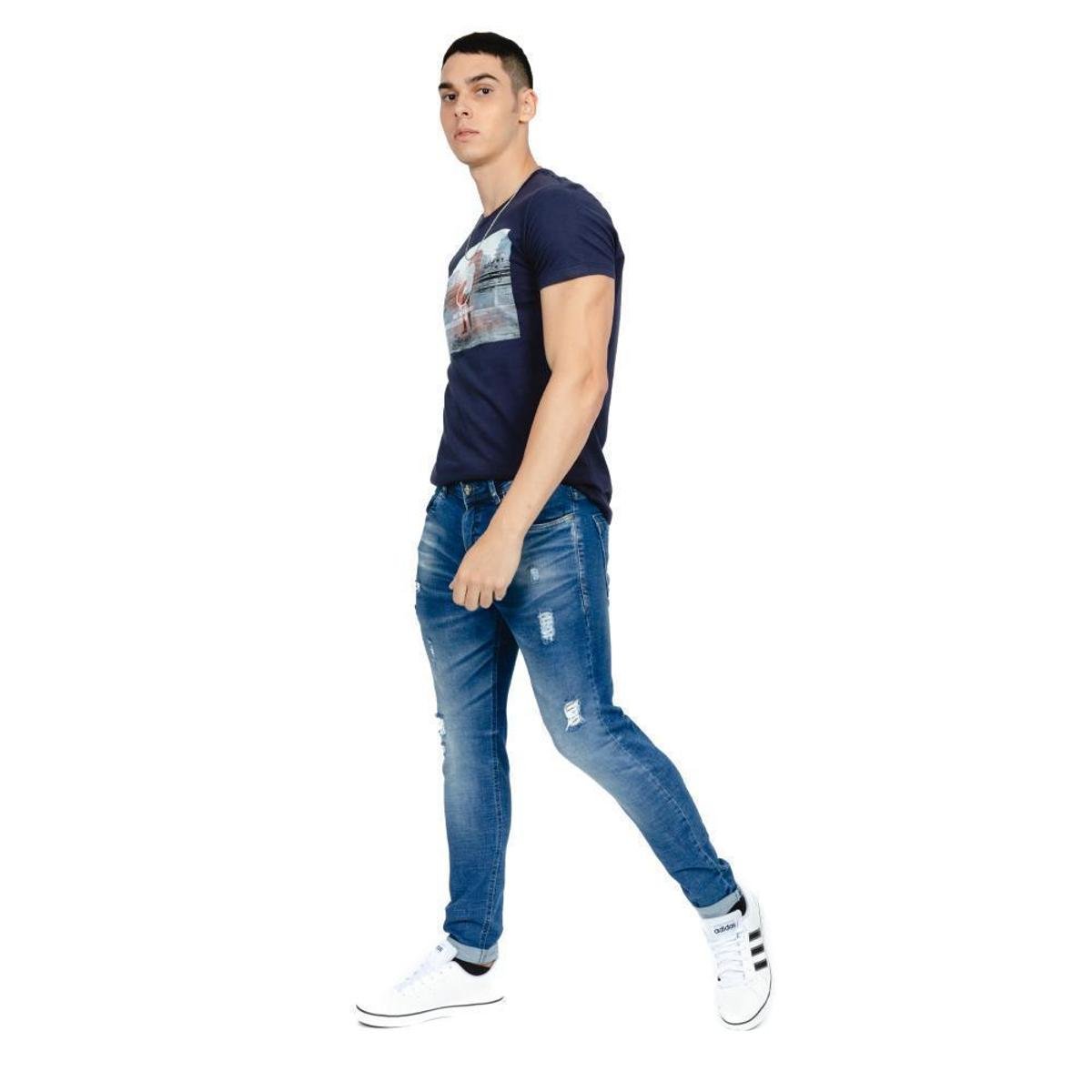 Calça Jeans Rock & Soda Skinny Estonada Destroyed Masculina - Azul Menor preço em Calça Jeans Rock & Soda Skinny Estonada Destroyed Masculina - Azul