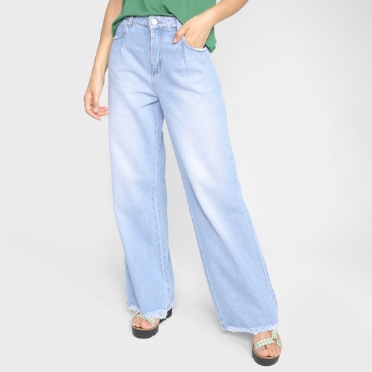 CALÇA JEANS SAWARY FEMININO WIDE LEG BARRA PUÍDA-267975 - Azul