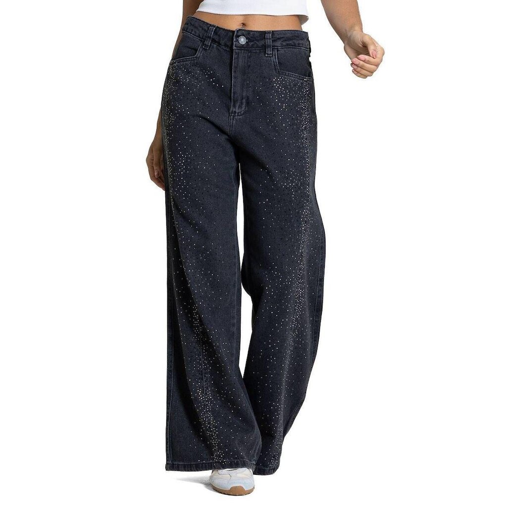 Calça Jeans Sawary Wide Leg Petit Brilho - 283317 - Preto 46