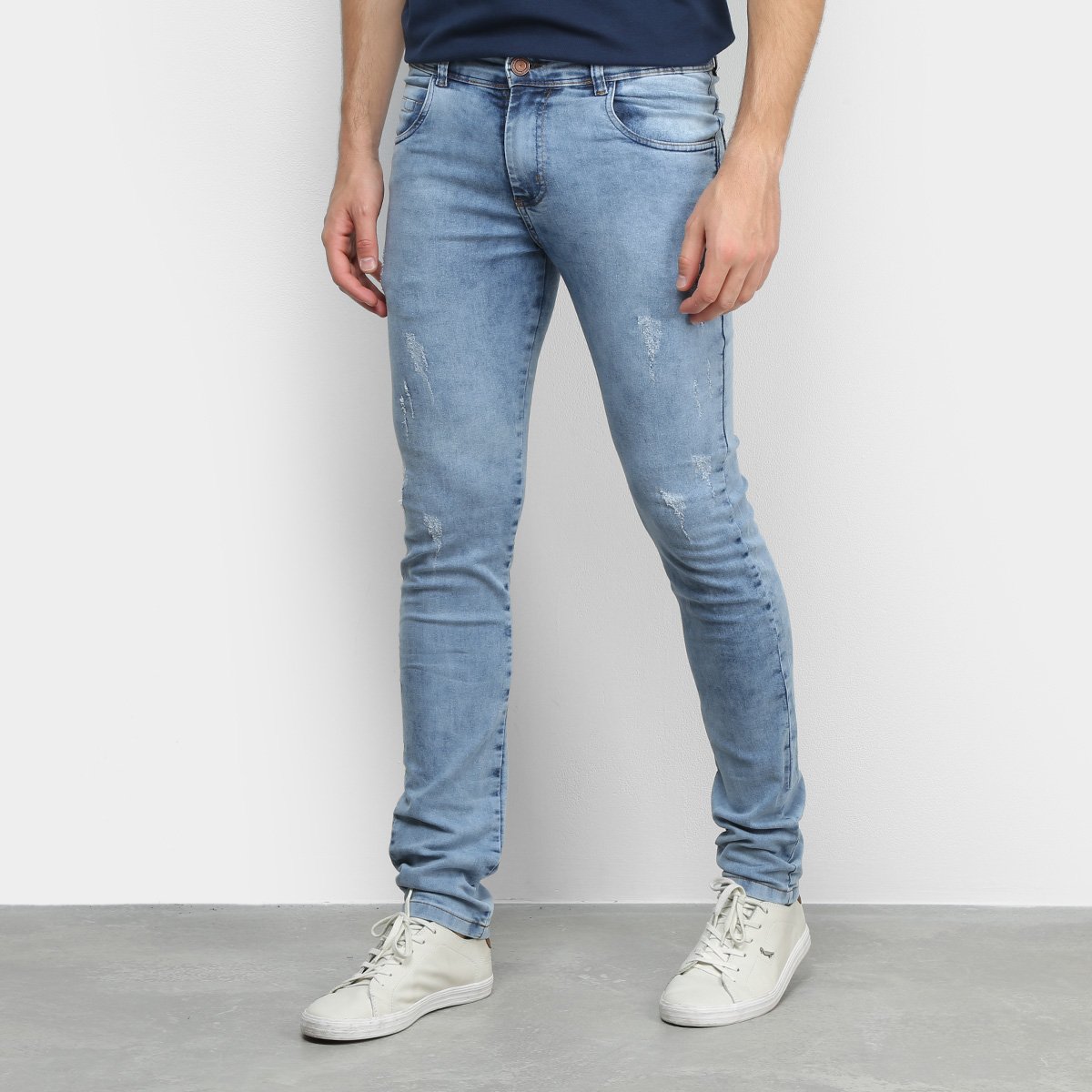 Calça Jeans Skinny Coffee Estonada Masculina - Azul Claro Menor preço em Calça Jeans Skinny Coffee Estonada Masculina - Azul Claro