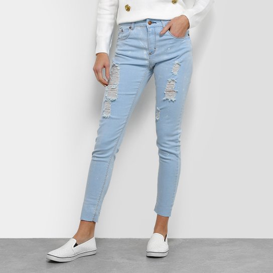 Calça Jeans Skinny Disparate Destroyed Respingos Feminina - Azul