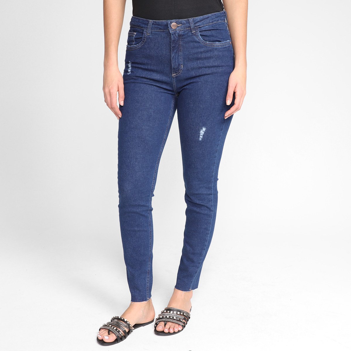 Calça Jeans Skinny Dzarm Rasgos Cintura Alta Feminina - Marinho Menor preço em Calça Jeans Skinny Dzarm Rasgos Cintura Alta Feminina - Marinho
