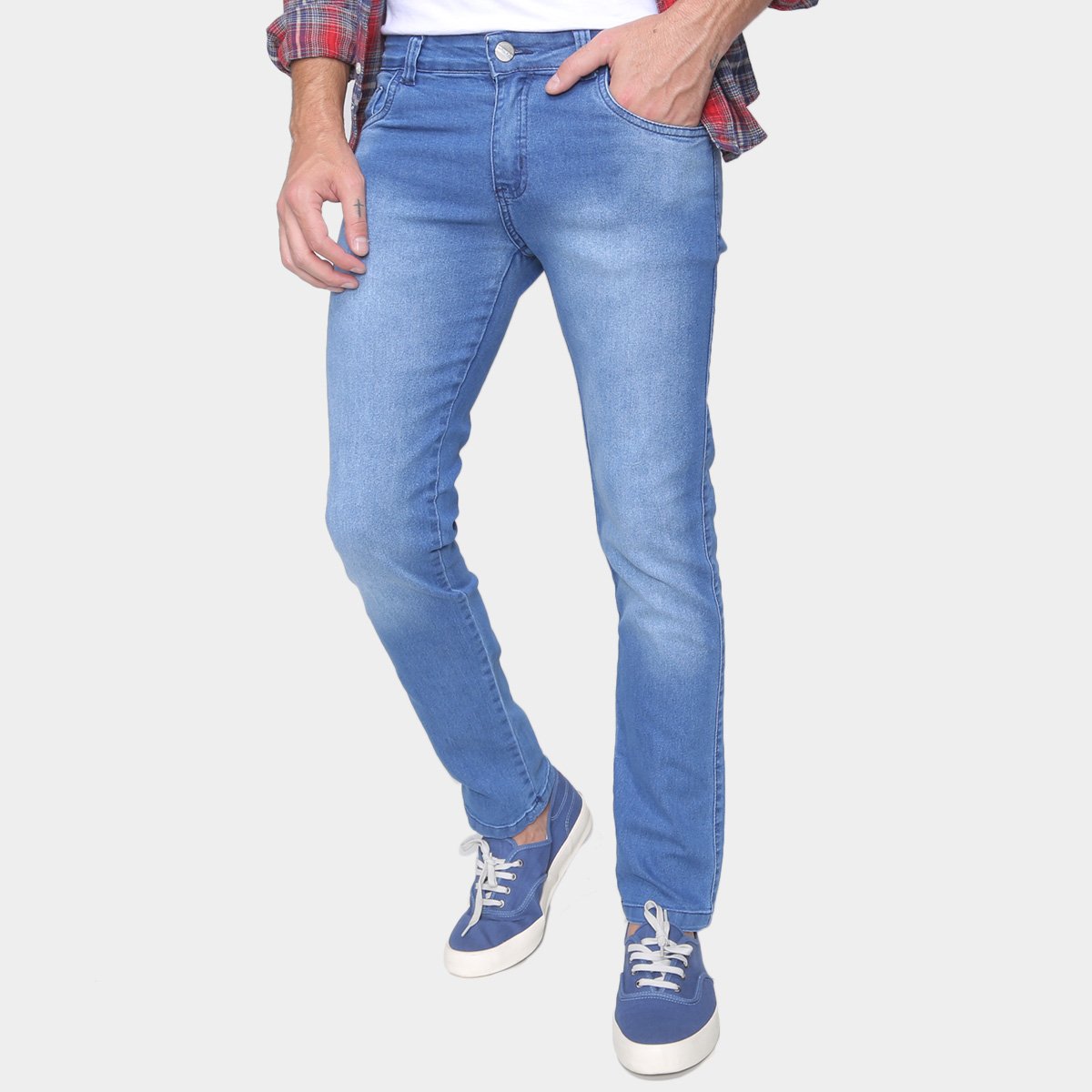 Calça Jeans Skinny Ecxo Estonada Cintura Média Masculina - Azul Menor preço em Calça Jeans Skinny Ecxo Estonada Cintura Média Masculina - Azul