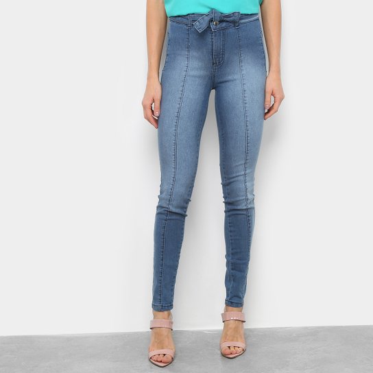 Calça Jeans Skinny Estonada Amarração Feminina - Azul