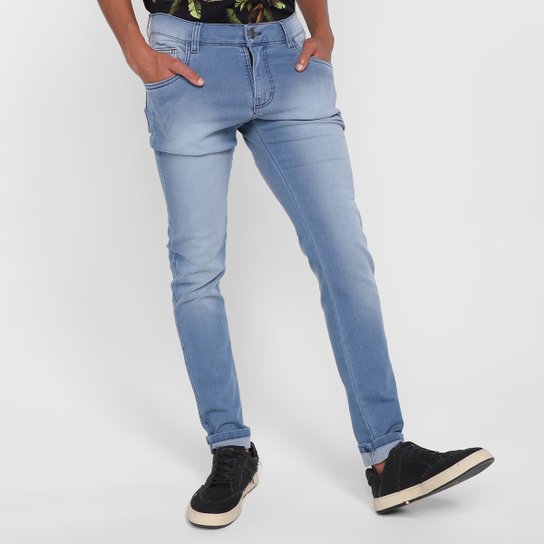 Calça Jeans Skinny Grifle Estonada Masculina - Azul