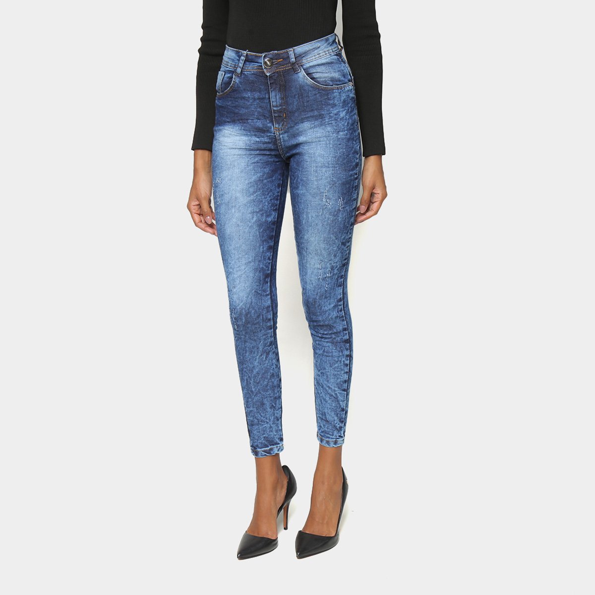 Calça Jeans Skinny Jezzian Estonada Cintura Média Feminina - Azul Menor preço em Calça Jeans Skinny Jezzian Estonada Cintura Média Feminina - Azul