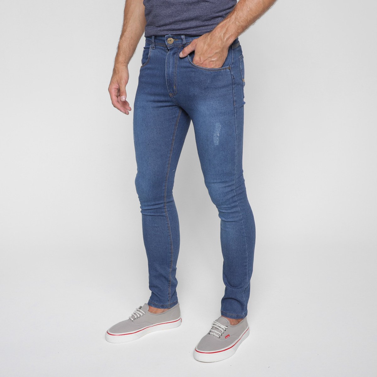 Calça Jeans Skinny Terminal Com Puído Masculina - Azul Menor preço em Calça Jeans Skinny Terminal Com Puído Masculina - Azul