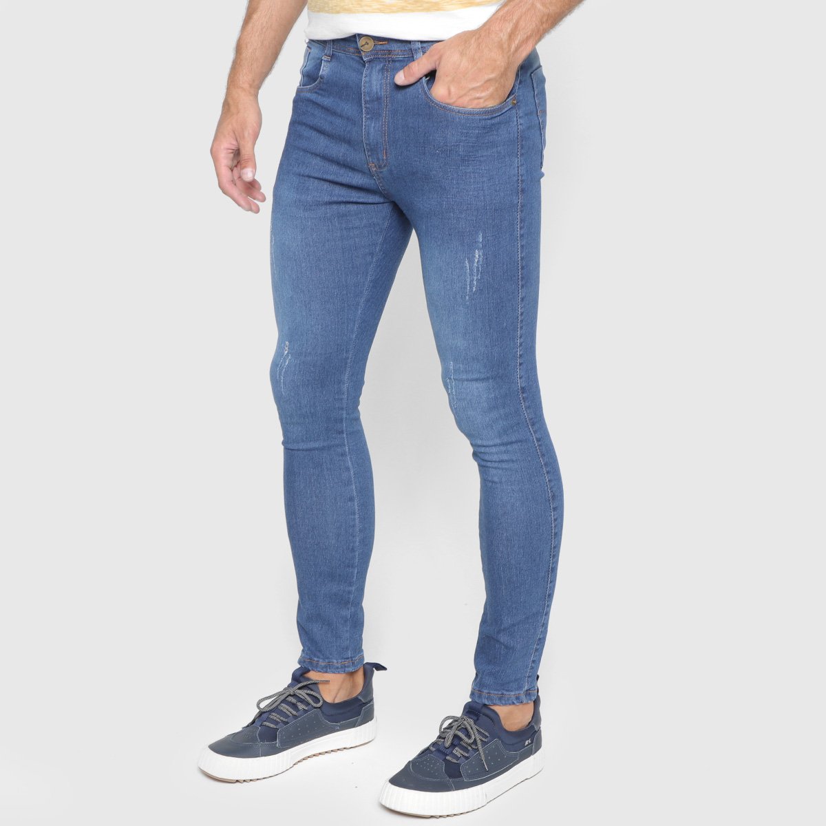 Calça Jeans Skinny Terminal Com Puídos Masculina - Azul Menor preço em Calça Jeans Skinny Terminal Com Puídos Masculina - Azul