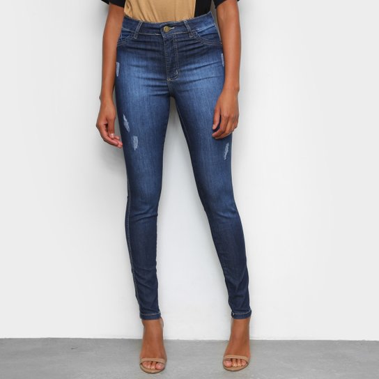 Calça Jeans Skinny Tks Estonada Puídos Cintura Alta Feminina - Preto