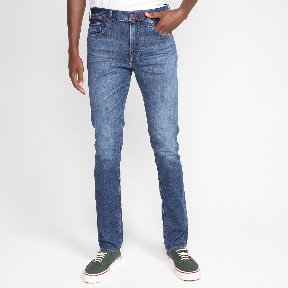 Calça Jeans Slim Tommy Hilfiger Estonada Masculina - Azul Menor preço em Calça Jeans Slim Tommy Hilfiger Estonada Masculina - Azul