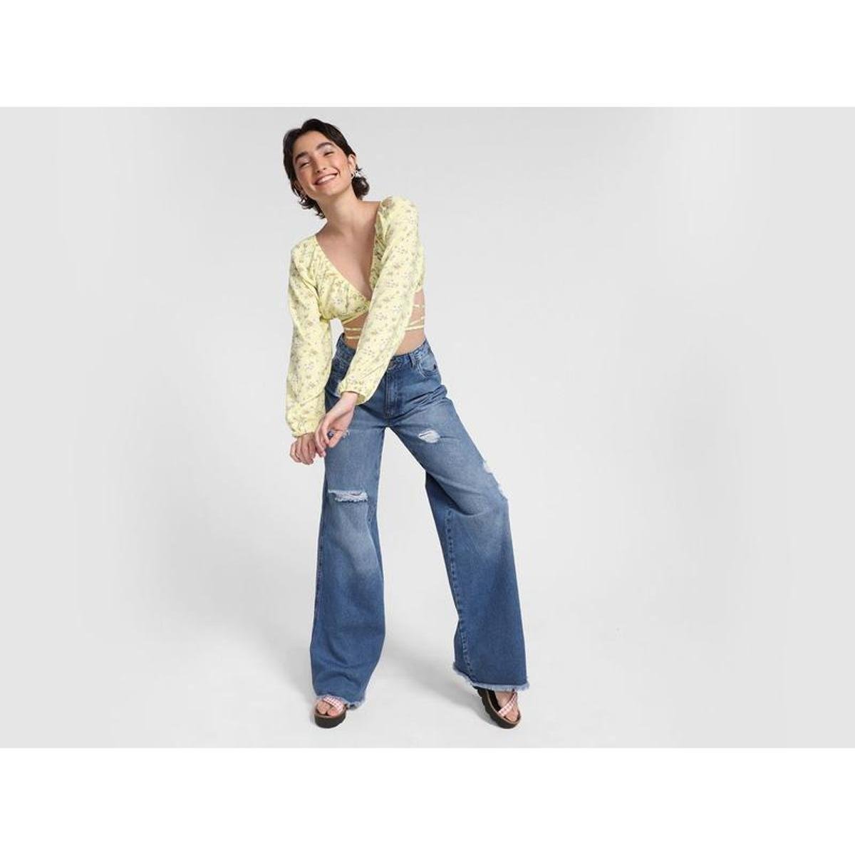 Calça Jeans Vista Magalu Wide Leg Puídos Barra Desfiada - Azul | Zattini