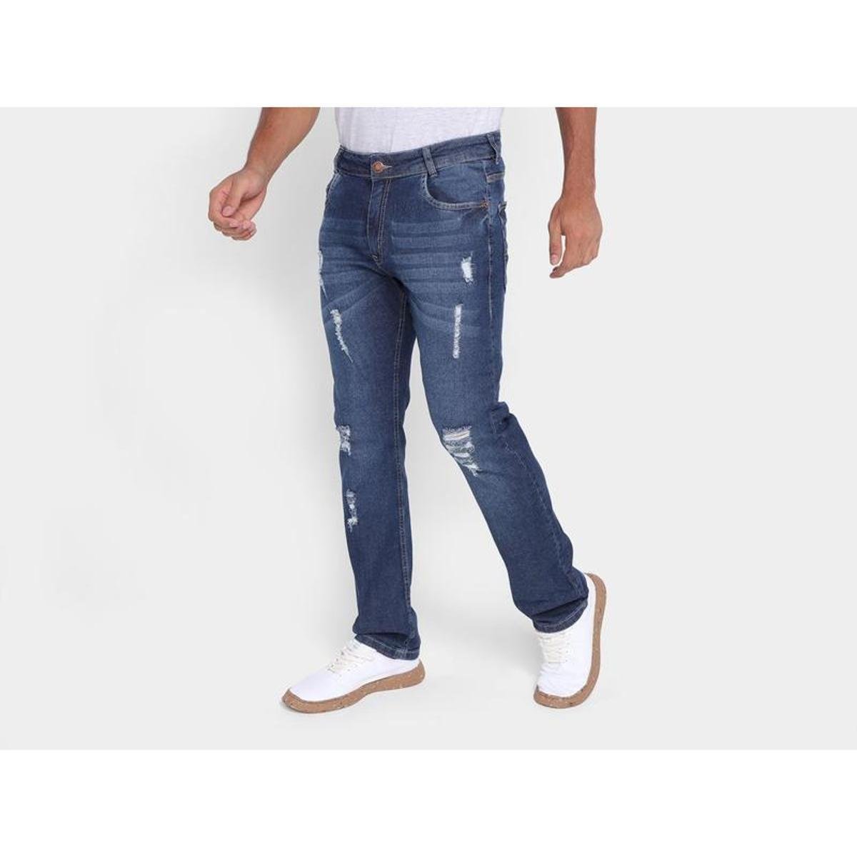 Calça Jeans Vista Reta Puídos - Azul Menor preço em Calça Jeans Vista Reta Puídos - Azul