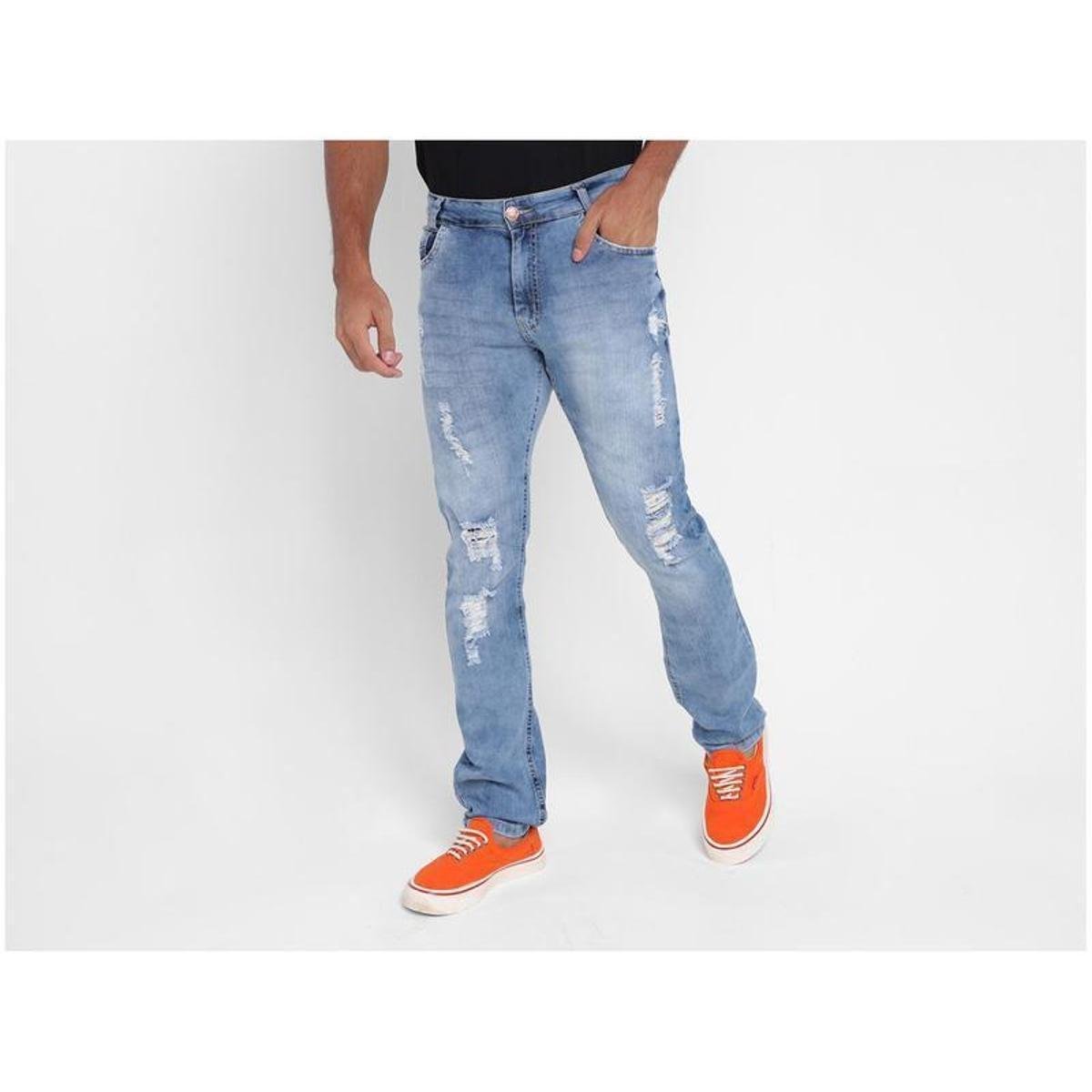 Calça Jeans Vista Reta Puídos - Azul Claro Menor preço em Calça Jeans Vista Reta Puídos - Azul Claro