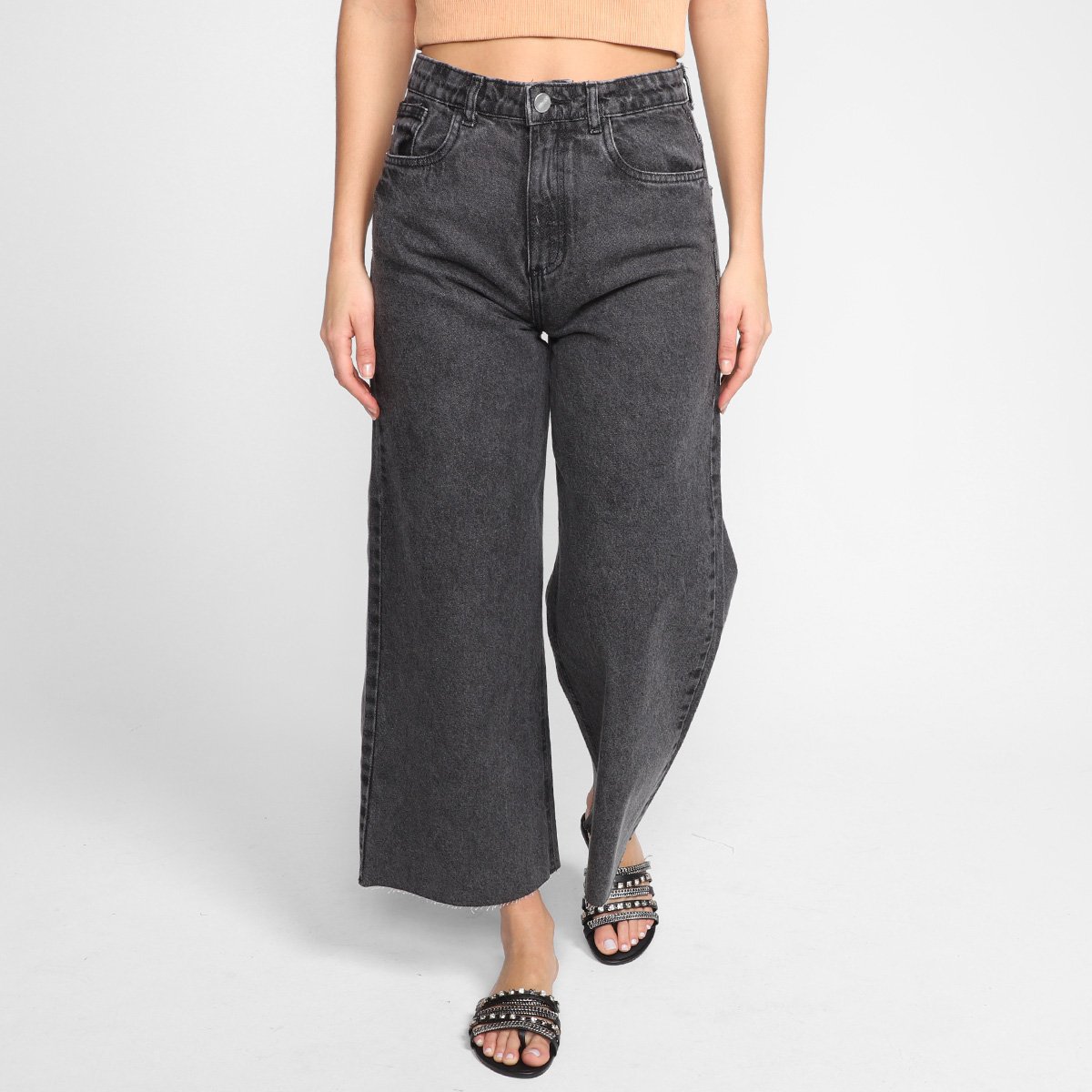 Calça Jeans Wide Lag Dzarm Lisa Cintura Alta Feminina - Preto Menor preço em Calça Jeans Wide Lag Dzarm Lisa Cintura Alta Feminina - Preto