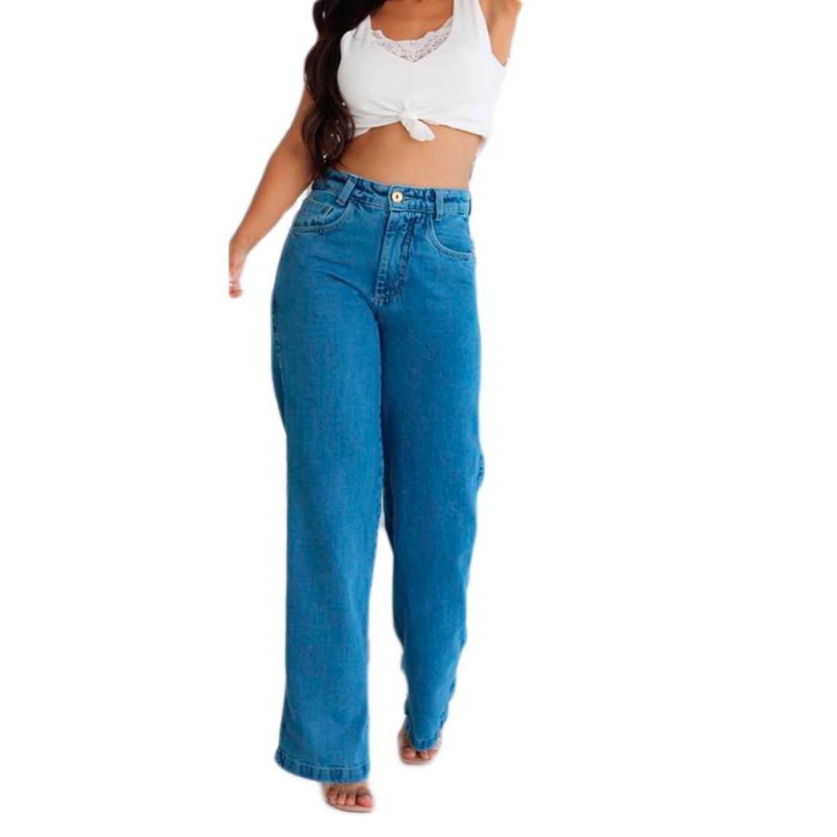 Calça Jeans Wide Leg Lisa Basica Pantalona Cintura Alta - Azul Menor preço em Calça Jeans Wide Leg Lisa Basica Pantalona Cintura Alta - Azul