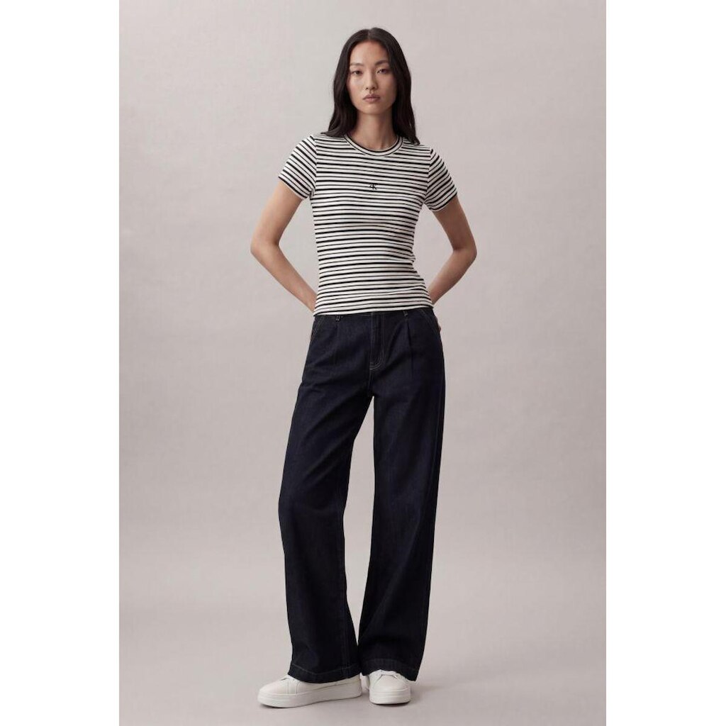 Calça Jeans Wide Leg Long Com Pregas e b - Marinho