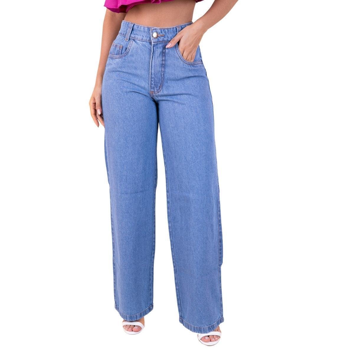 Calça Jeans Wide Leg Pantalona Lisa Barra Feita Cintura Alta - Azul Menor preço em Calça Jeans Wide Leg Pantalona Lisa Barra Feita Cintura Alta - Azul