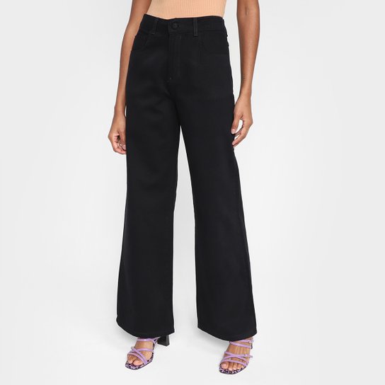 Calça Jeans Wide Leg Sawary Cintura Alta Feminina - Preto