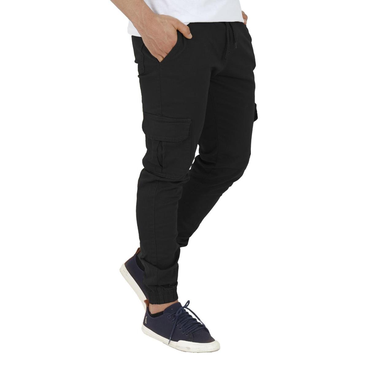 Calça Jogger Cargo Jeans Sarja Masculina Punho Bolso Lateral - Preto Menor preço em Calça Jogger Cargo Jeans Sarja Masculina Punho Bolso Lateral - Preto
