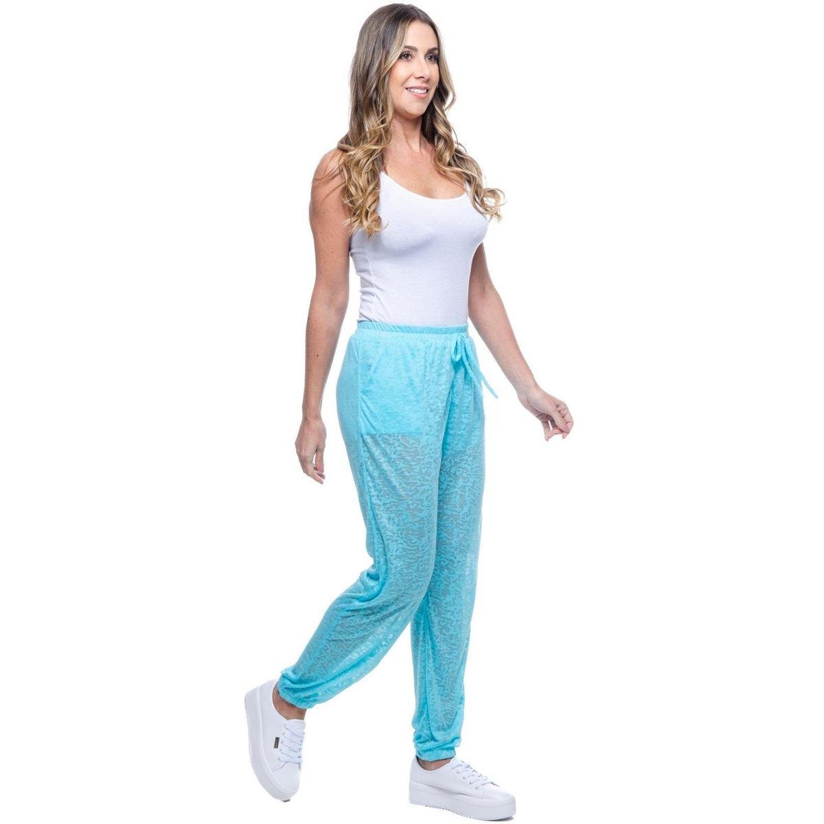 Calça Jogger Pijama Bolsos Malha com Forro - Azul Turquesa Menor preço em Calça Jogger Pijama Bolsos Malha com Forro - Azul Turquesa