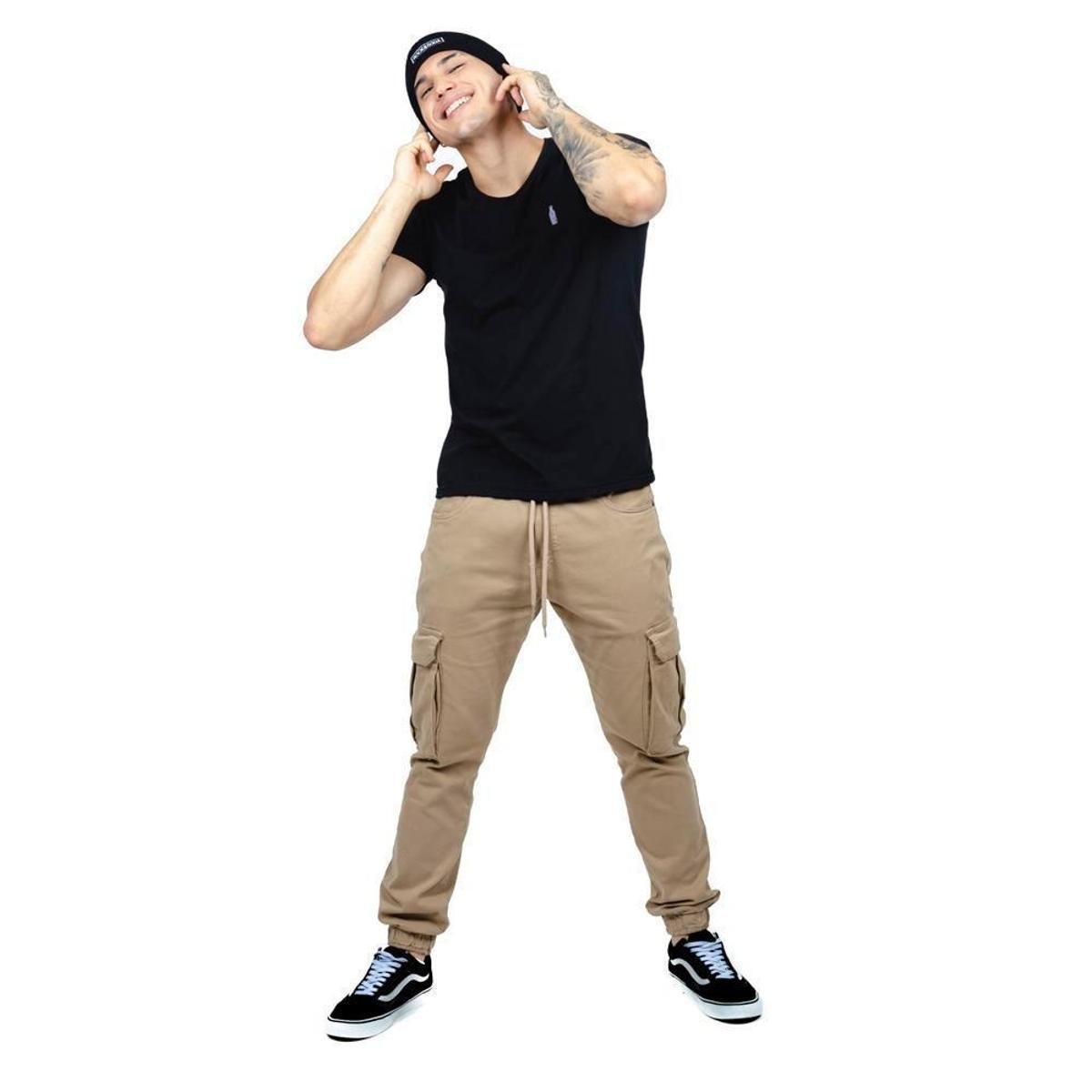 Calça Jogger Zune Jeans Masculina Bolso Cargo Conforto Casual - Bege Menor preço em Calça Jogger Zune Jeans Masculina Bolso Cargo Conforto Casual - Bege