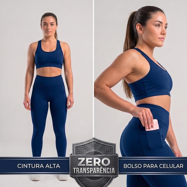 Calça Leg Fitness Poliamida Cós Alto Com Bolsos Laterais Zero Transparência