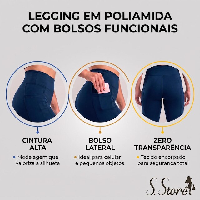 Calça Leg Fitness Poliamida Cós Alto Com Bolsos Laterais Zero Transparência